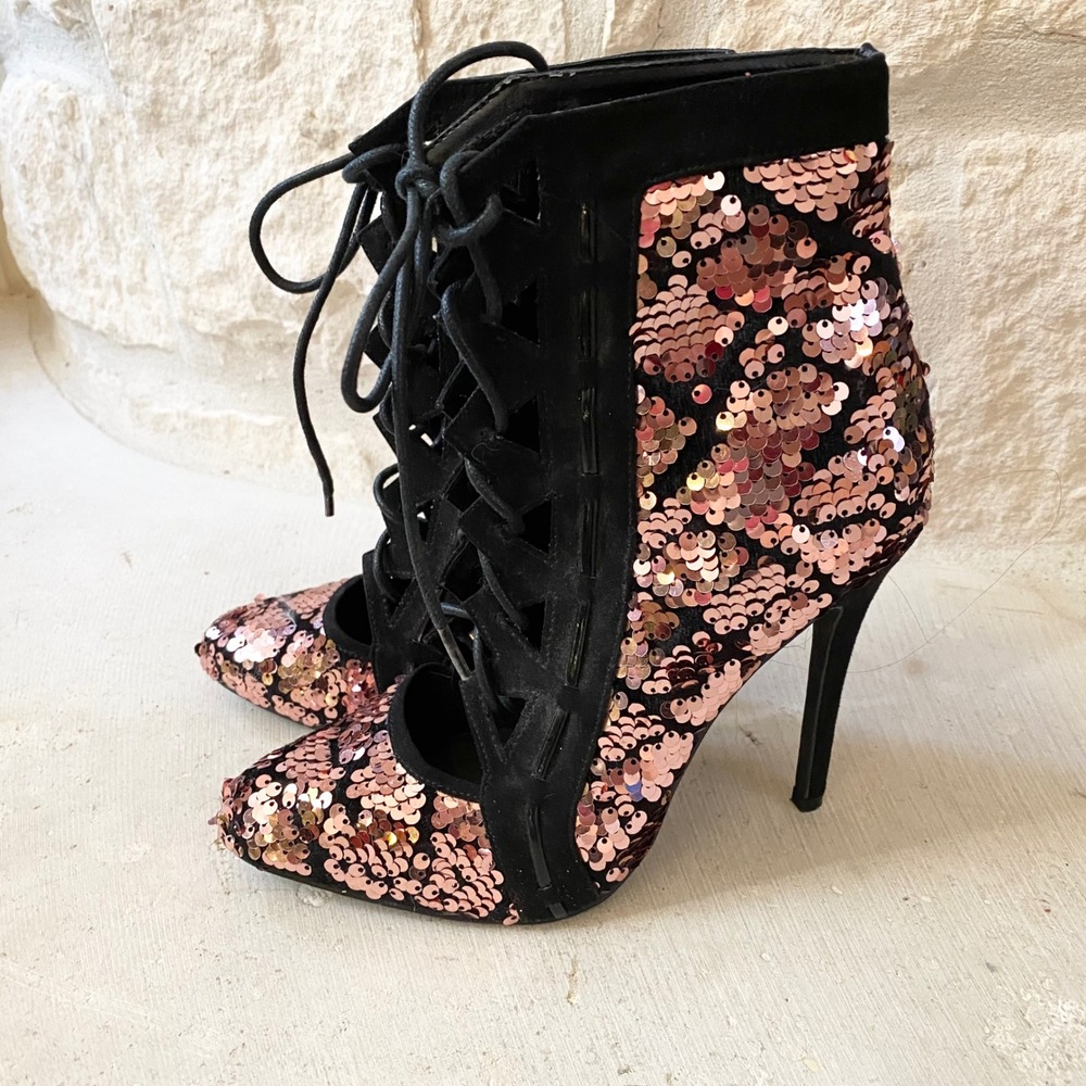 Privilege Starlit‎ Womens Rose Gold Black Sequin Size 7.5 Lace Up Stiletto Heels